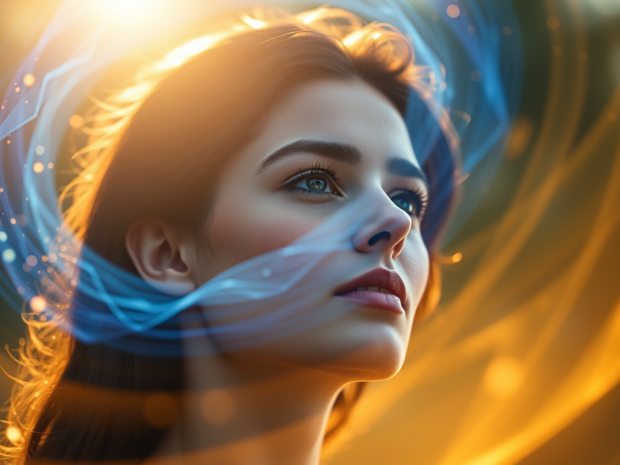 portrait de femme auréolée d'une énergie de couleur or et indigo.