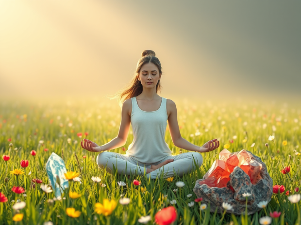 femme en méditation, sans stress dans une prairie champétre avec des cristaux autour